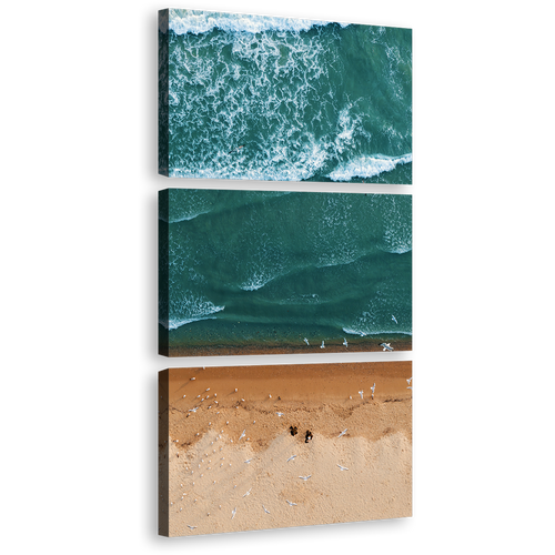 Ocean Beach Canvas Wall Art, Brown Beach Aerial View 3 Piece Multi Canvas, Sea Green Turquoise Waves Canvas Print