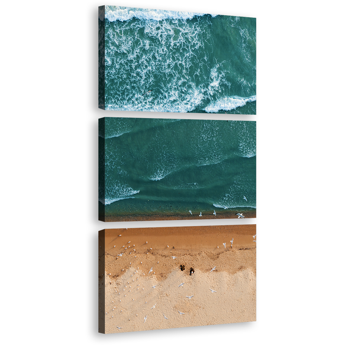 Ocean Beach Canvas Wall Art, Brown Beach Aerial View 3 Piece Multi Canvas, Sea Green Turquoise Waves Canvas Print