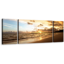 Load image into Gallery viewer, Ocean Beach Canvas Wall Art, Brown Ocean Caribbean Sea Waves 3 Piece Canvas Print, Yellow Cloudy Sunset Triptych Canvas Set
