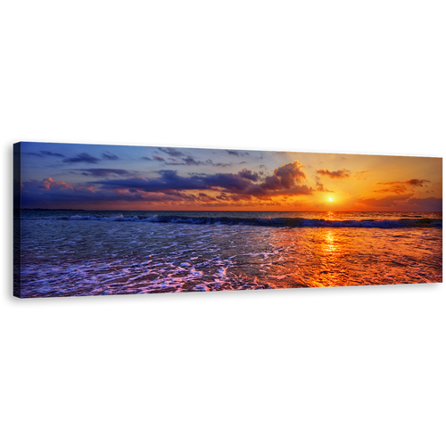 Ocean Beach Canvas Wall Art, Cloudy Sunset Sea Canvas Artwork, Blue Orange Ocean Panoramic Canvas Print