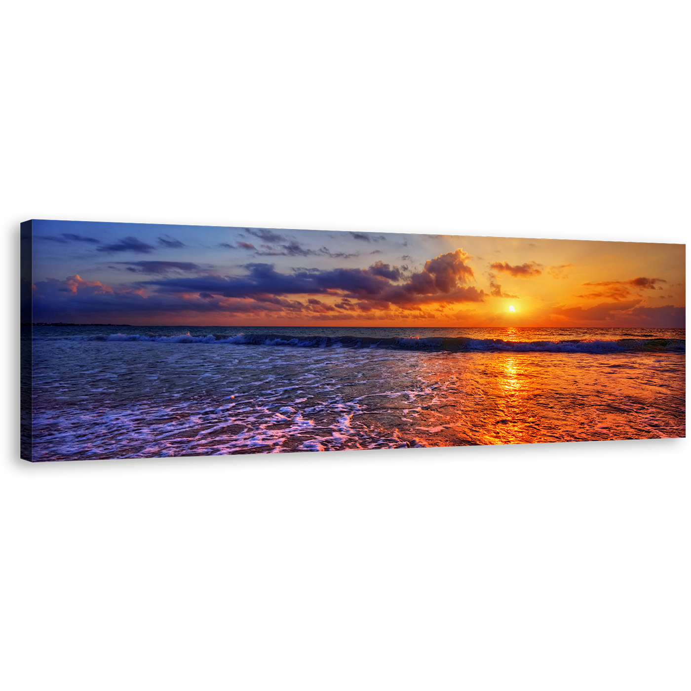 Ocean Beach Canvas Wall Art, Cloudy Sunset Sea Canvas Artwork, Blue Orange Ocean Panoramic Canvas Print