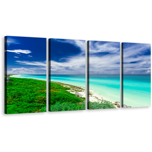 Ocean Beach Canvas Wall Art, Cuba Blue Cloudy Ocean 4 Piece Multiple Canvas, Green Santa Maria Island Canvas Print