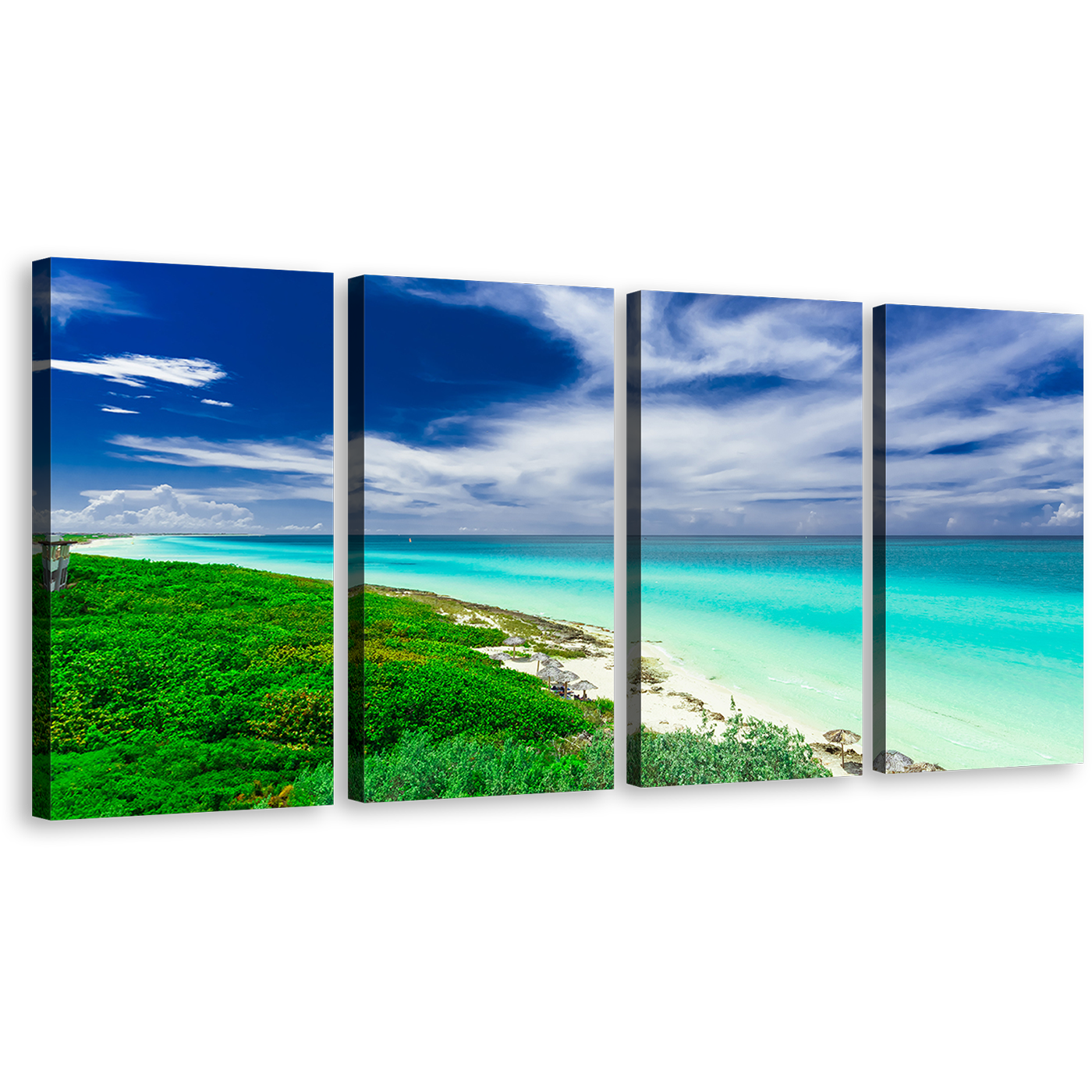 Ocean Beach Canvas Wall Art, Cuba Blue Cloudy Ocean 4 Piece Multiple Canvas, Green Santa Maria Island Canvas Print