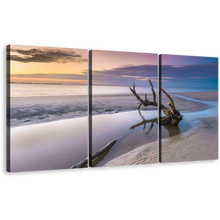 Load image into Gallery viewer, Ocean Beach Canvas Wall Art, Georgia Yellow Sky Ocean 3 Piece Canvas Print, Beautiful White Sea Multiple Canvas, Driftwood Beach in Jekyll Island Canvas Set
