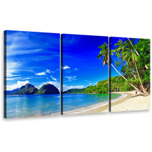 Load image into Gallery viewer, Ocean Beach Canvas Wall Art, El Nido Palawan Blue Sky Triptych Multi Canvas Artwork, Green Palm Trees Beach Canvas Set, Tropical Beach Scenery 3 Piece Canvas Print
