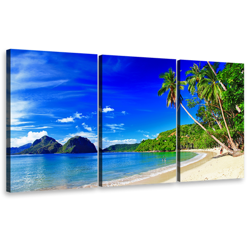 Ocean Beach Canvas Wall Art, El Nido Palawan Blue Sky Triptych Multi Canvas Artwork, Green Palm Trees Beach Canvas Set, Tropical Beach Scenery 3 Piece Canvas Print