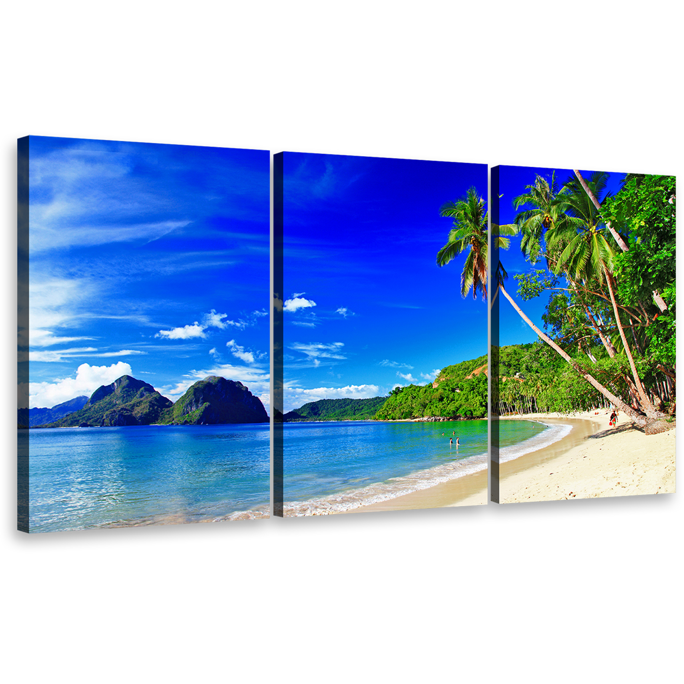 Ocean Beach Canvas Wall Art, El Nido Palawan Blue Sky Triptych Multi Canvas Artwork, Green Palm Trees Beach Canvas Set, Tropical Beach Scenery 3 Piece Canvas Print