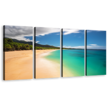 Load image into Gallery viewer, Ocean Beach Canvas Wall Art, Hawaii Blue Sky Ocean 4 Piece Canvas Print, Green Island of Maui Seascape Canvas Set
