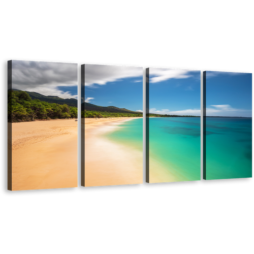 Ocean Beach Canvas Wall Art, Hawaii Blue Sky Ocean 4 Piece Canvas Print, Green Island of Maui Seascape Canvas Set