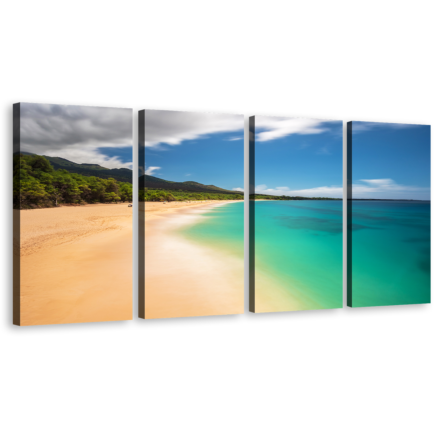 Ocean Beach Canvas Wall Art, Hawaii Blue Sky Ocean 4 Piece Canvas Print, Green Island of Maui Seascape Canvas Set