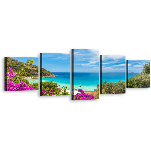 Ocean Beach Canvas Wall Art, Italy Green Elba Island Canvas Print, Tuscany Blue Ocean Cavoli Beach 5 Piece Canvas Set