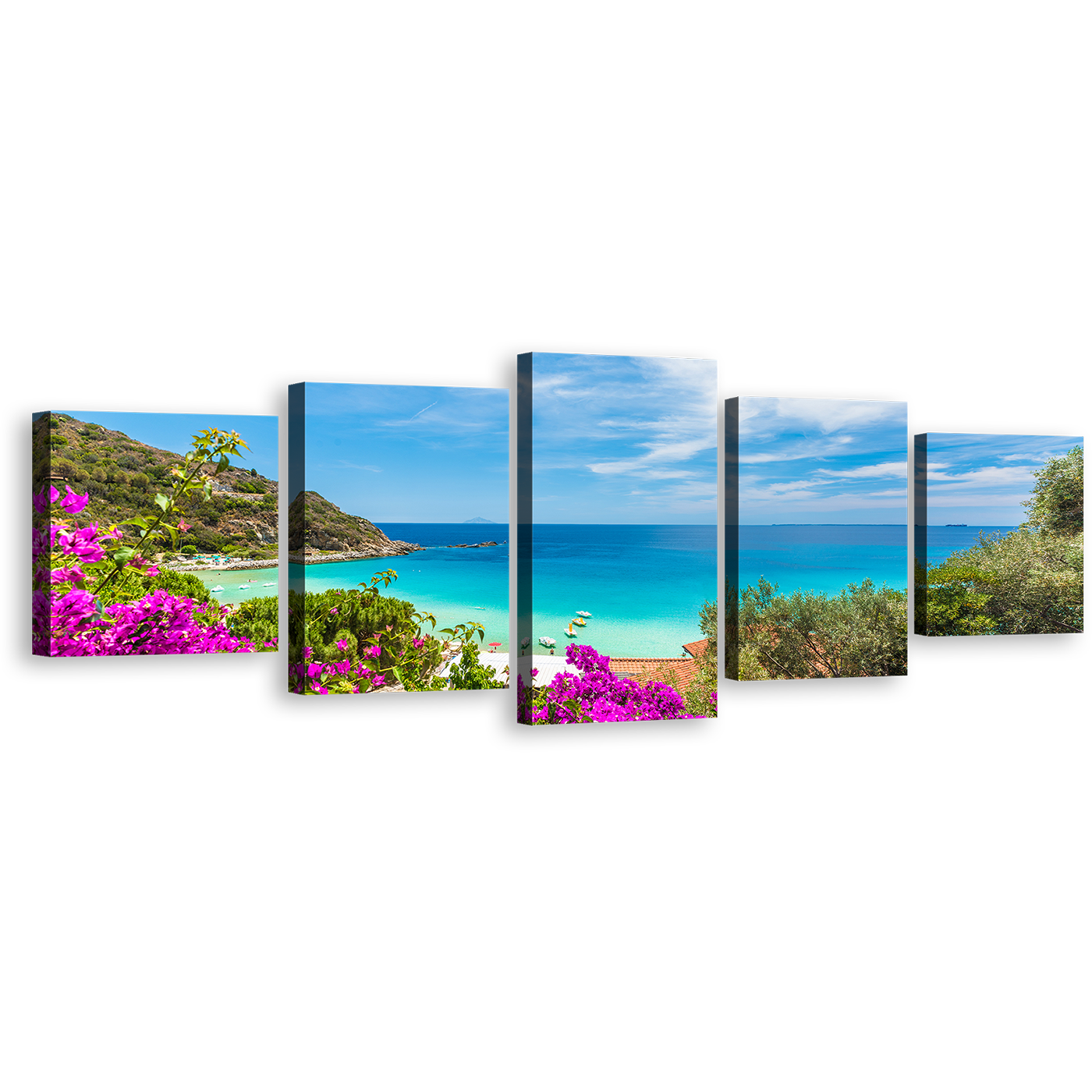 Ocean Beach Canvas Wall Art, Italy Green Elba Island Canvas Print, Tuscany Blue Ocean Cavoli Beach 5 Piece Canvas Set