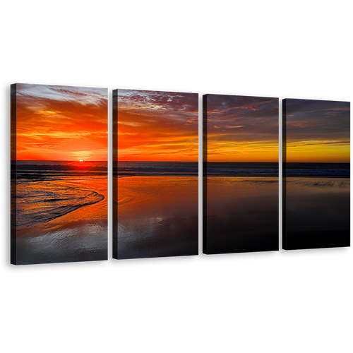 Ocean Beach Canvas Wall Art, Middle East Orange Ocean Sky 4 Piece Canvas Print, Morocco Brown Legzira Beach Multi Canvas