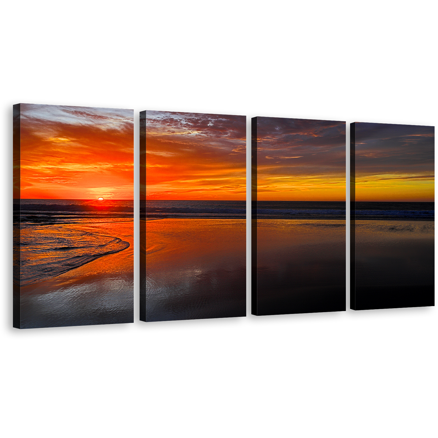 Ocean Beach Canvas Wall Art, Middle East Orange Ocean Sky 4 Piece Canvas Print, Morocco Brown Legzira Beach Multi Canvas