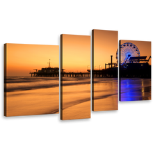 Load image into Gallery viewer, Ocean Beach Canvas Wall Art, Orange Beach Pier Sunset Sky Multi Canvas, Santa Monica City Pier 4 Piece Canvas, Blue Neon lit Ferris Wheel Canvas Print
