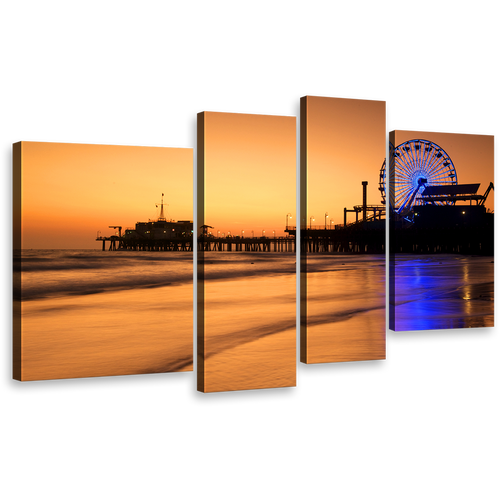 Ocean Beach Canvas Wall Art, Orange Beach Pier Sunset Sky Multi Canvas, Santa Monica City Pier 4 Piece Canvas, Blue Neon lit Ferris Wheel Canvas Print