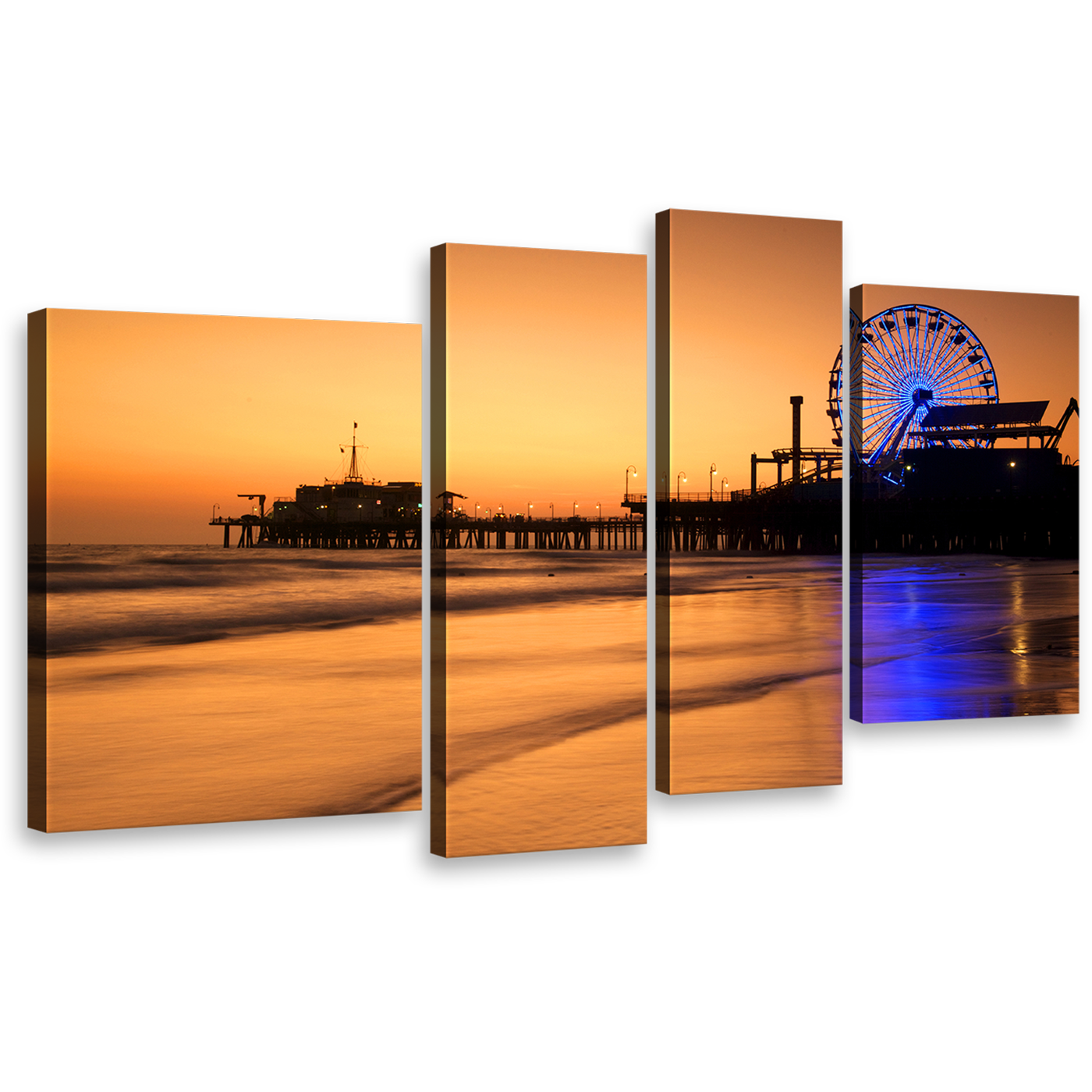 Ocean Beach Canvas Wall Art, Orange Beach Pier Sunset Sky Multi Canvas, Santa Monica City Pier 4 Piece Canvas, Blue Neon lit Ferris Wheel Canvas Print