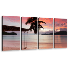 Load image into Gallery viewer, Ocean Beach Canvas Wall Art, Orange Mahe Beach Palm Tree 4 Piece Canvas Print, Seychelles Green Seascape Evening Sky Multiple Canvas
