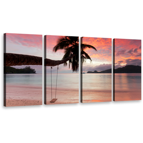 Ocean Beach Canvas Wall Art, Orange Mahe Beach Palm Tree 4 Piece Canvas Print, Seychelles Green Seascape Evening Sky Multiple Canvas