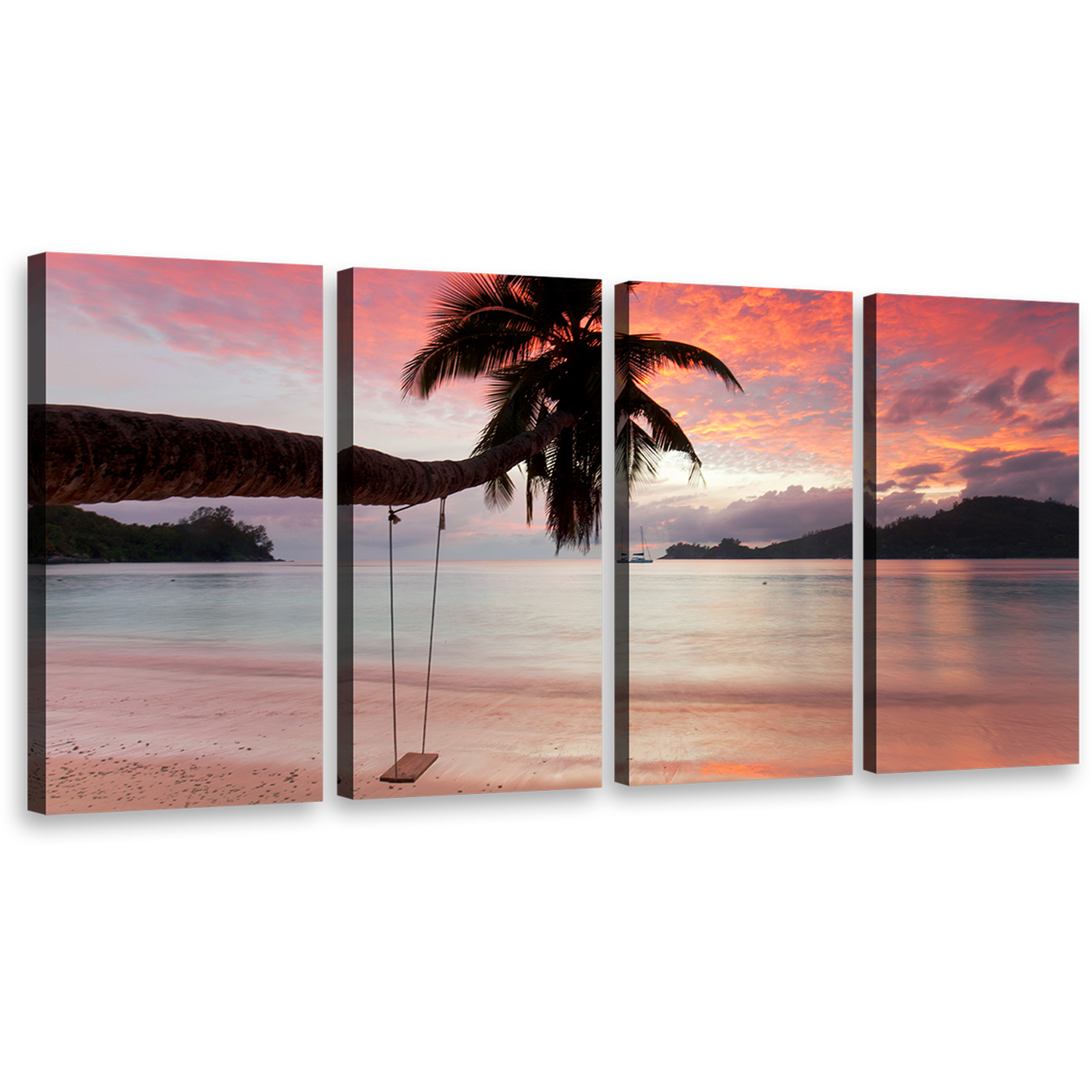 Ocean Beach Canvas Wall Art, Orange Mahe Beach Palm Tree 4 Piece Canvas Print, Seychelles Green Seascape Evening Sky Multiple Canvas