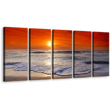 Load image into Gallery viewer, Ocean Beach Canvas Wall Art, Red Orange Ocean Sky 5 Piece Multiple Canvas, Beautiful Ocean Canvas Print
