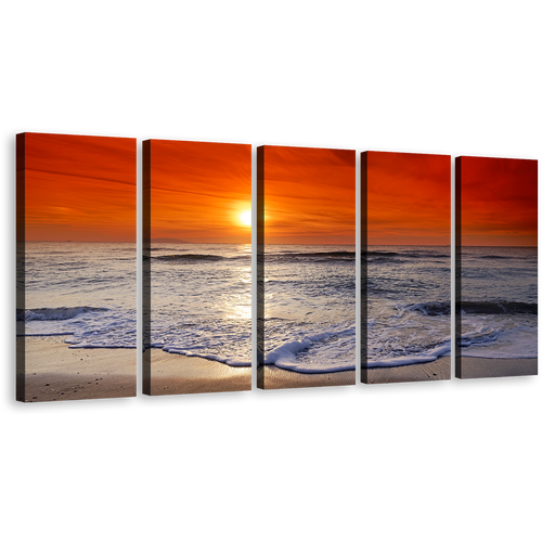 Ocean Beach Canvas Wall Art, Red Orange Ocean Sky 5 Piece Multiple Canvas, Beautiful Ocean Canvas Print