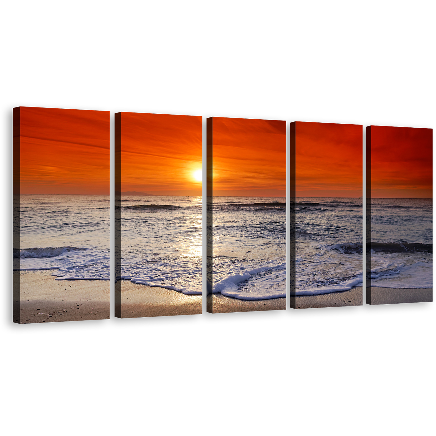 Ocean Beach Canvas Wall Art, Red Orange Ocean Sky 5 Piece Multiple Canvas, Beautiful Ocean Canvas Print