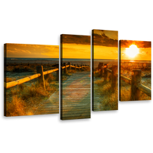 Load image into Gallery viewer, Ocean Beach Canvas Wall Art, Yellow Cloudy Sky Multiple Canvas, Orange Sunset Ocean 4 Piece Canvas Print
