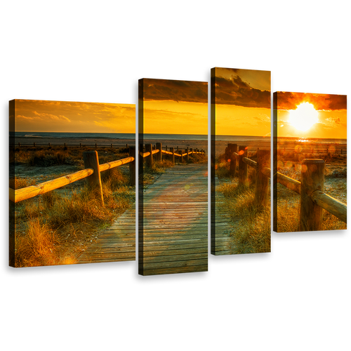 Ocean Beach Canvas Wall Art, Yellow Cloudy Sky Multiple Canvas, Orange Sunset Ocean 4 Piece Canvas Print