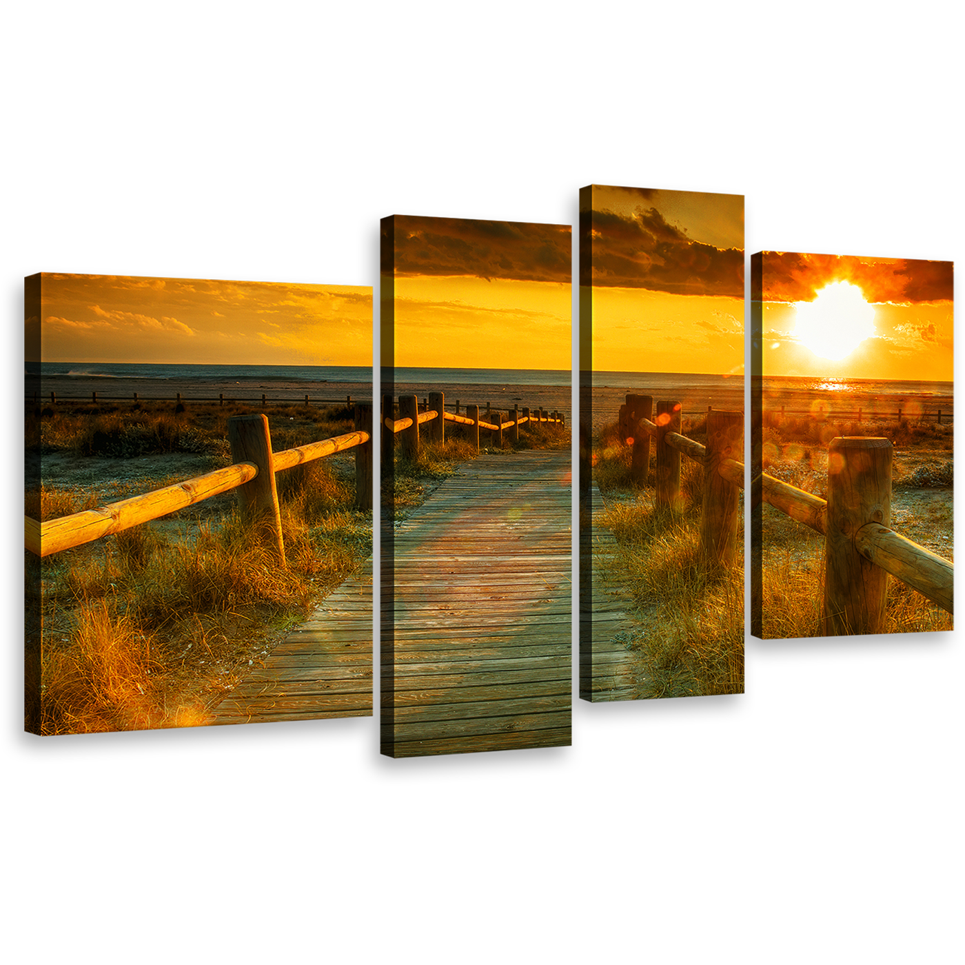 Ocean Beach Canvas Wall Art, Yellow Cloudy Sky Multiple Canvas, Orange Sunset Ocean 4 Piece Canvas Print