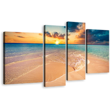 Load image into Gallery viewer, Ocean Beach Canvas Wall Art, Yellow Cloudy Sunset Sea 4 Piece Canvas Set, Blue Maldives Islands Canvas Print
