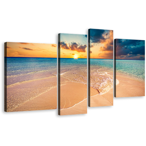 Ocean Beach Canvas Wall Art, Yellow Cloudy Sunset Sea 4 Piece Canvas Set, Blue Maldives Islands Canvas Print