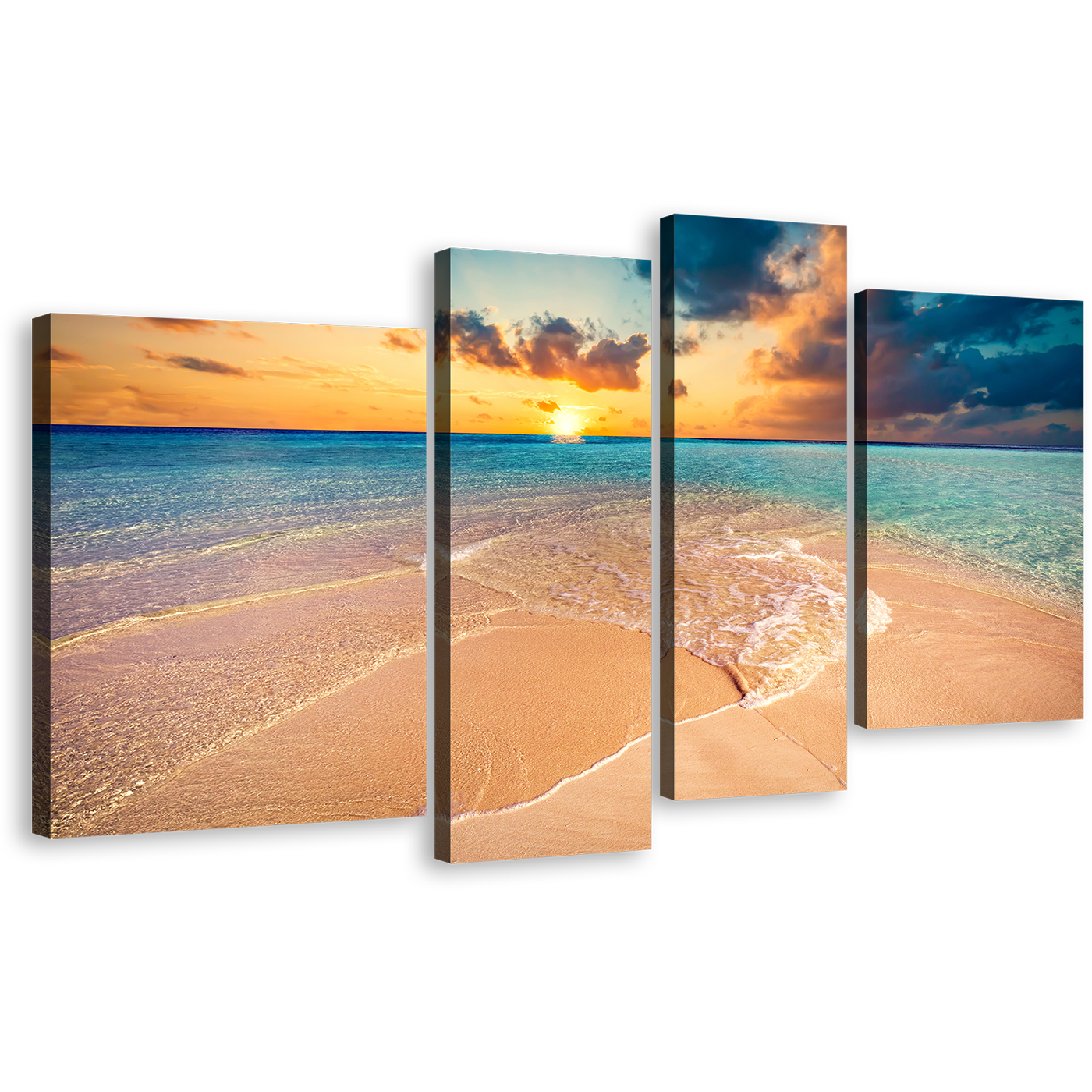 Ocean Beach Canvas Wall Art, Yellow Cloudy Sunset Sea 4 Piece Canvas Set, Blue Maldives Islands Canvas Print