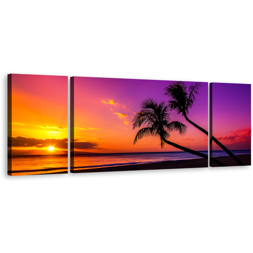 Ocean Beach Canvas Wall Art, Yellow Sunset Tropical Island Triptych Multi Canvas, Colorful Sky Ocean Scenery 3 Piece Canvas Print