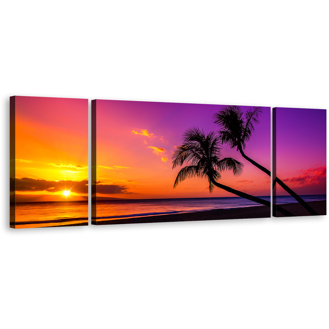 Ocean Beach Canvas Wall Art, Yellow Sunset Tropical Island Triptych Multi Canvas, Colorful Sky Ocean Scenery 3 Piece Canvas Print