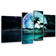 Load image into Gallery viewer, Ocean Beach Wall Art, Black Starry Night Tropical Island 4 Piece Multiple Canvas, Full Moonlight Green Ocean Canvas Print
