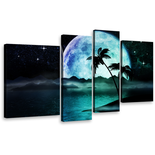 Ocean Beach Wall Art, Black Starry Night Tropical Island 4 Piece Multiple Canvas, Full Moonlight Green Ocean Canvas Print