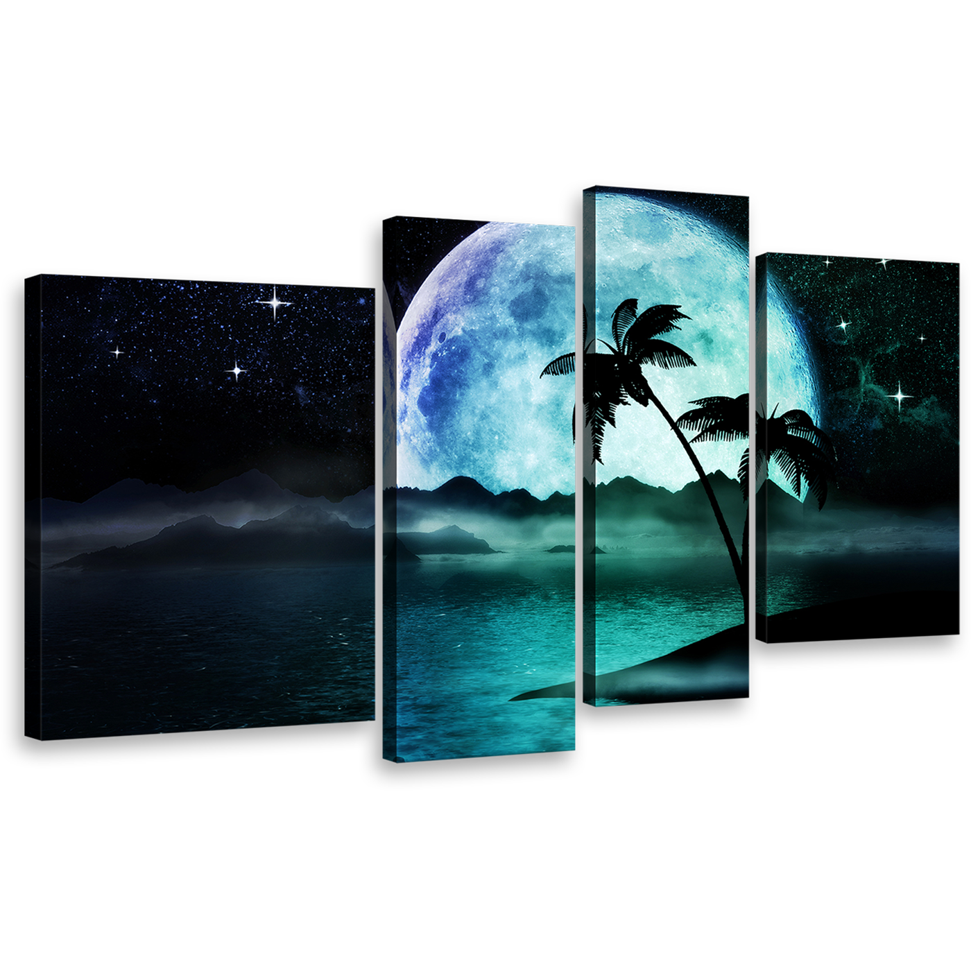 Ocean Beach Wall Art, Black Starry Night Tropical Island 4 Piece Multiple Canvas, Full Moonlight Green Ocean Canvas Print