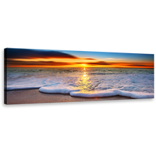 Load image into Gallery viewer, Ocean Beach Wall Art, Blue Beach Wave Sand Panoramic Canvas Print, Orange Sunset Twilight Sea Canvas Art
