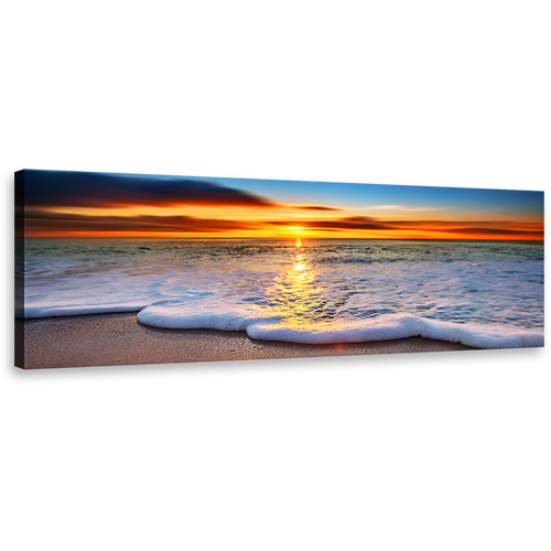 Ocean Beach Wall Art, Blue Beach Wave Sand Panoramic Canvas Print, Orange Sunset Twilight Sea Canvas Art