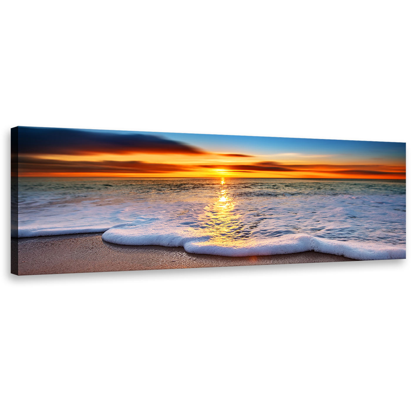 Ocean Beach Wall Art, Blue Beach Wave Sand Panoramic Canvas Print, Orange Sunset Twilight Sea Canvas Art