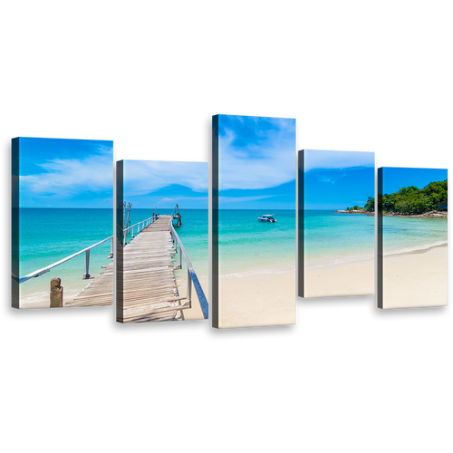 Ocean Beach Wall Art, Thailand Ocean Blue Sky 5 Piece Multiple Canvas, Beach Pier Green Mountain Canvas Print