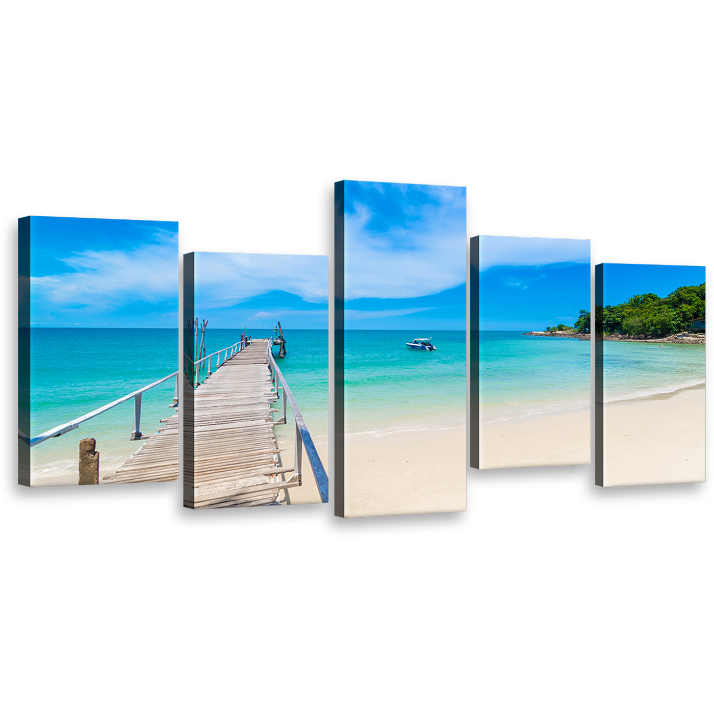 Ocean Beach Wall Art, Thailand Ocean Blue Sky 5 Piece Multiple Canvas, Beach Pier Green Mountain Canvas Print