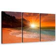 Load image into Gallery viewer, Ocean Beach Wall Art, Yellow Cleopatra Beach Sunset 3 Piece Canvas Print, Orange Sky Ocean Mountain Multiple Canvas
