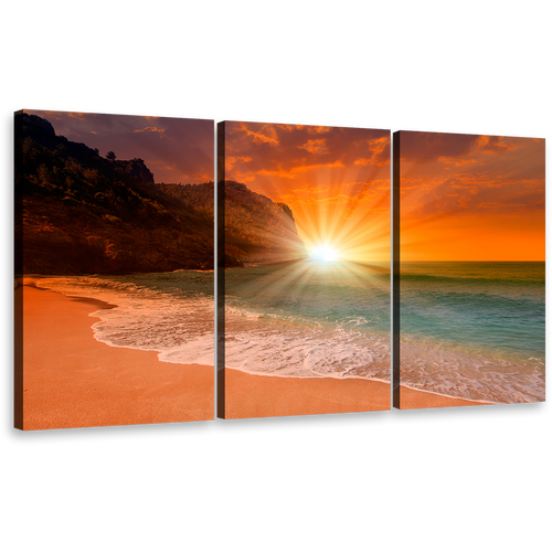 Ocean Beach Wall Art, Yellow Cleopatra Beach Sunset 3 Piece Canvas Print, Orange Sky Ocean Mountain Multiple Canvas