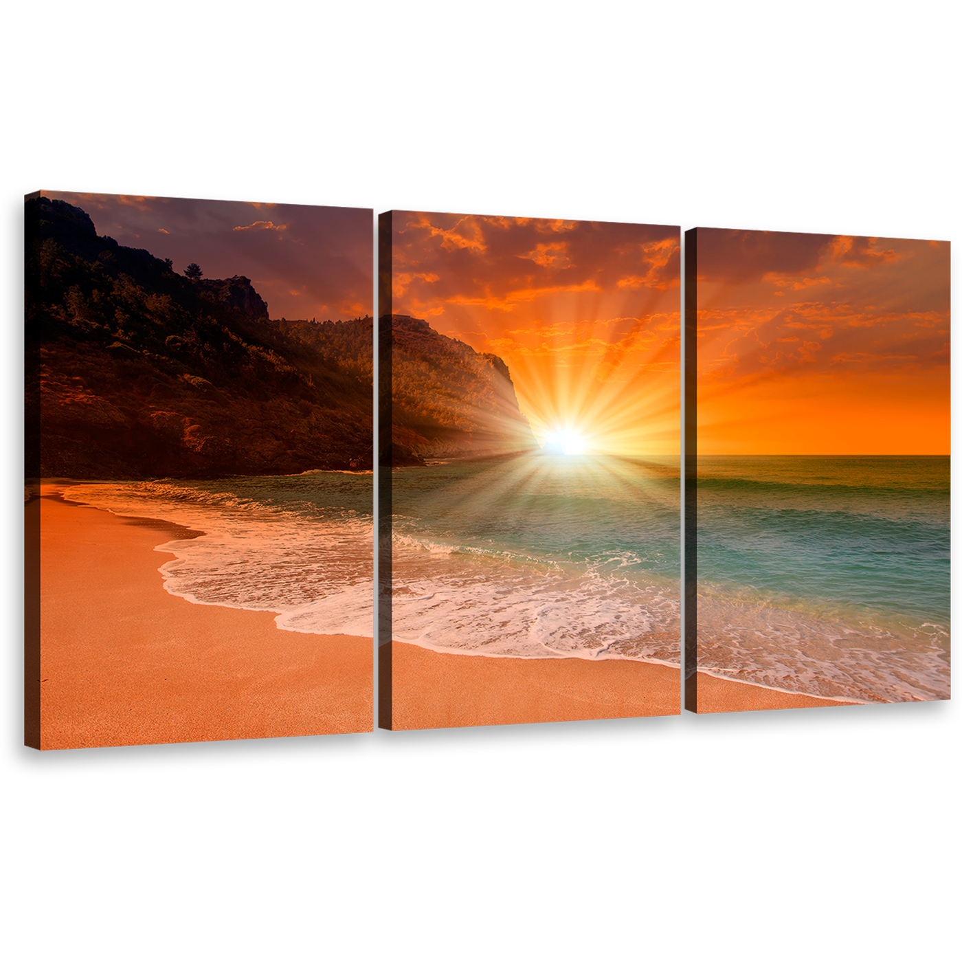 Ocean Beach Wall Art, Yellow Cleopatra Beach Sunset 3 Piece Canvas Print, Orange Sky Ocean Mountain Multiple Canvas