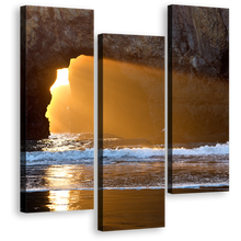 Load image into Gallery viewer, Ocean Beach Wall Art, Yellow Sunlight Streaming Through Rocks Canvas Print, Blue Sea Ocean Rocks Triptych Multi Canvas
