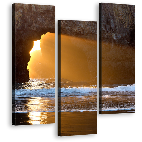 Ocean Beach Wall Art, Yellow Sunlight Streaming Through Rocks Canvas Print, Blue Sea Ocean Rocks Triptych Multi Canvas