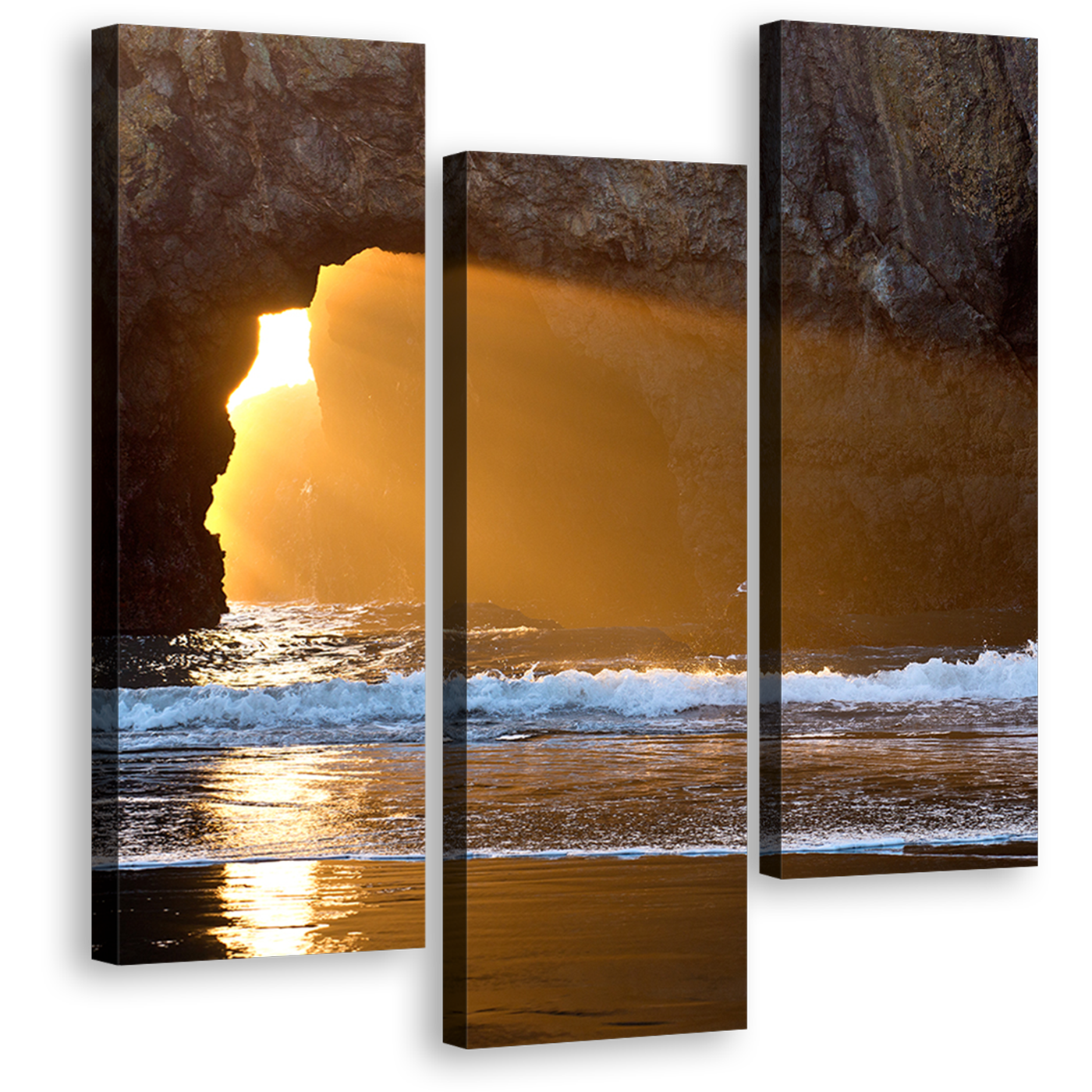 Ocean Beach Wall Art, Yellow Sunlight Streaming Through Rocks Canvas Print, Blue Sea Ocean Rocks Triptych Multi Canvas