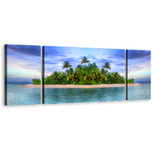 Load image into Gallery viewer, Ocean Beaches Canvas Print, Green Tropical Island 3 Piece Canvas Wall Art, Blue Sky Ocean Palm Trees Canvas Set
